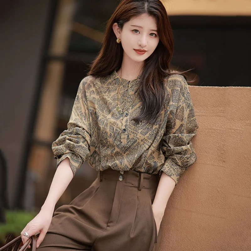 

Шифоновая блузка с длинным рукавом в стиле ретро, женская стильная модная универсальная блузка больших размеров