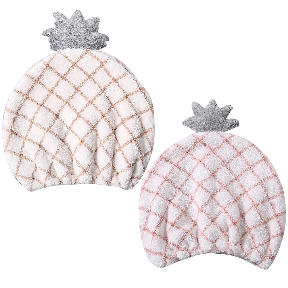 

2Pcs Hair Drying Caps Absorbent Pineapple Pattern Coral Fleece Quick Dry Towel Random Color Hair Towel Wrap Thick Bath Caps