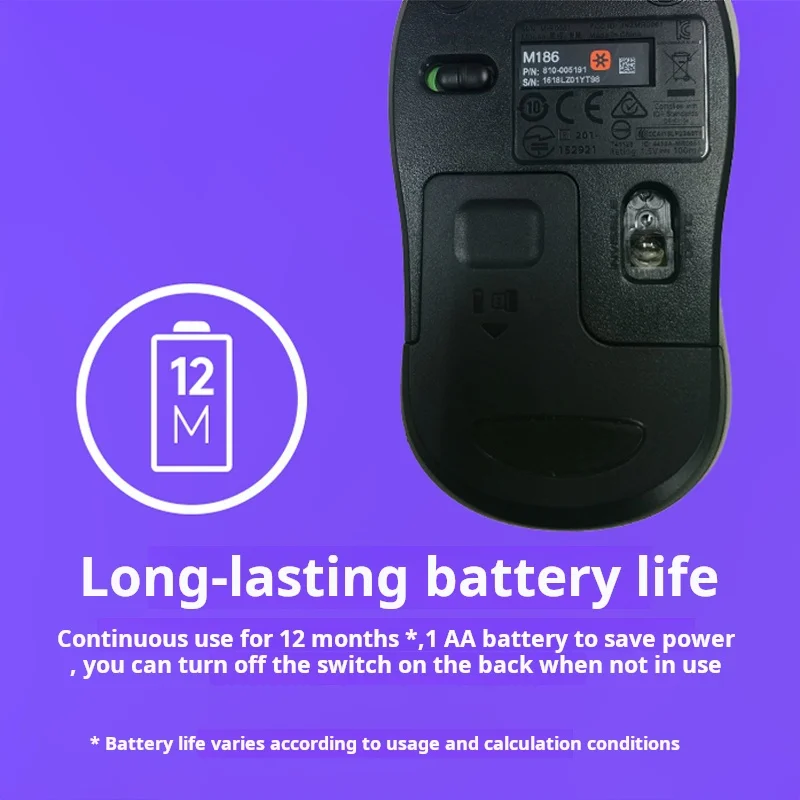 Logitech M186 Wireless Mouse Office Mouse Symmetrical Mouse Black Gray Edge With Wireless 2.4G Receiver