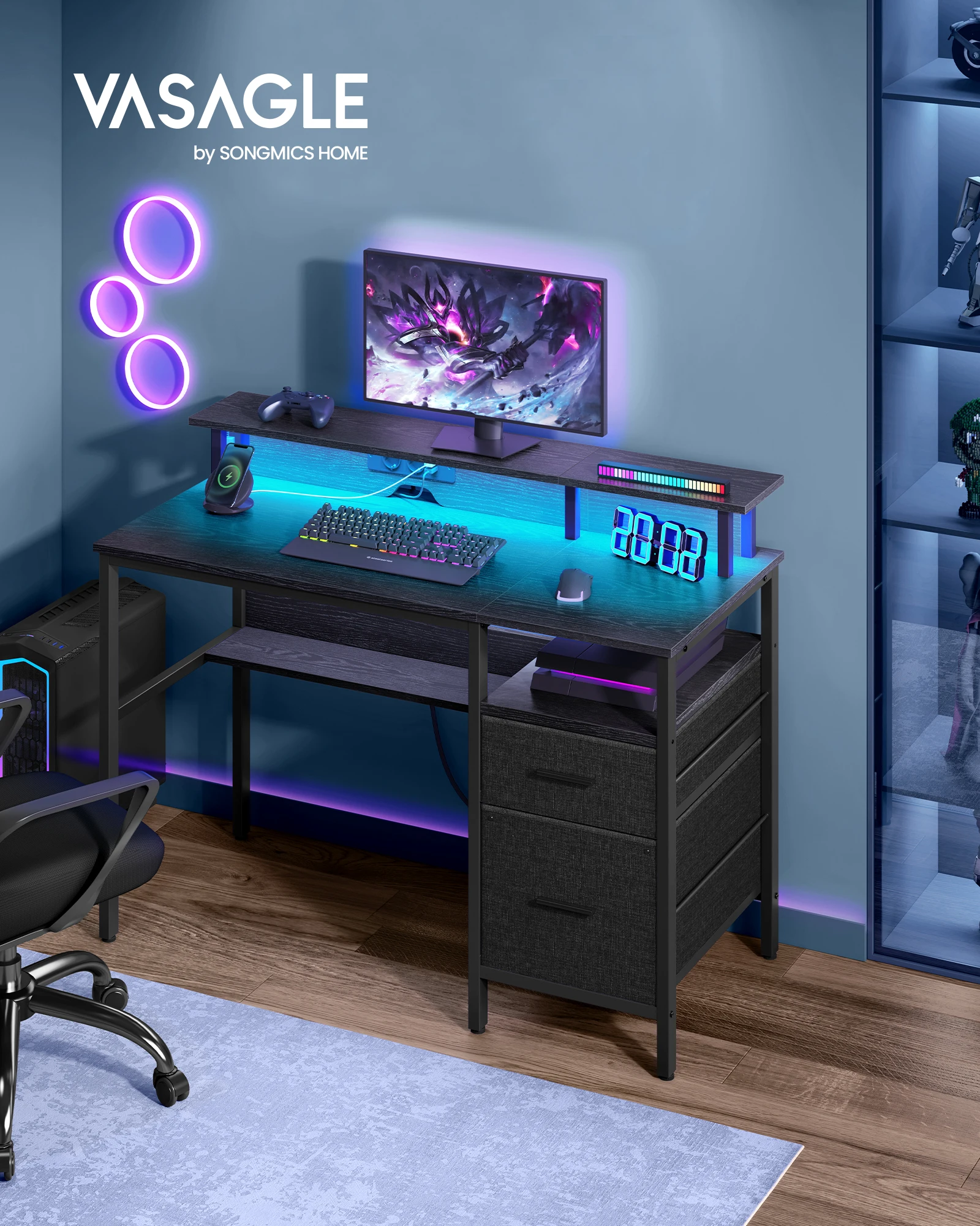 VASAGLE Schreibtisch mit Schubladen, Computertisch mit Monitorständer, LED-Beleuchtung, 55 x 120x 90 cm, eingebaute Steckdosen