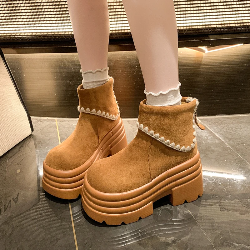 

Роскошные зимние женские теплые зимние ботинки 10 см, уличная обувь до щиколотки, противоскользящие кожаные кроссовки на массивном каблуке, короткие меховые ботинки для Botas Mujer