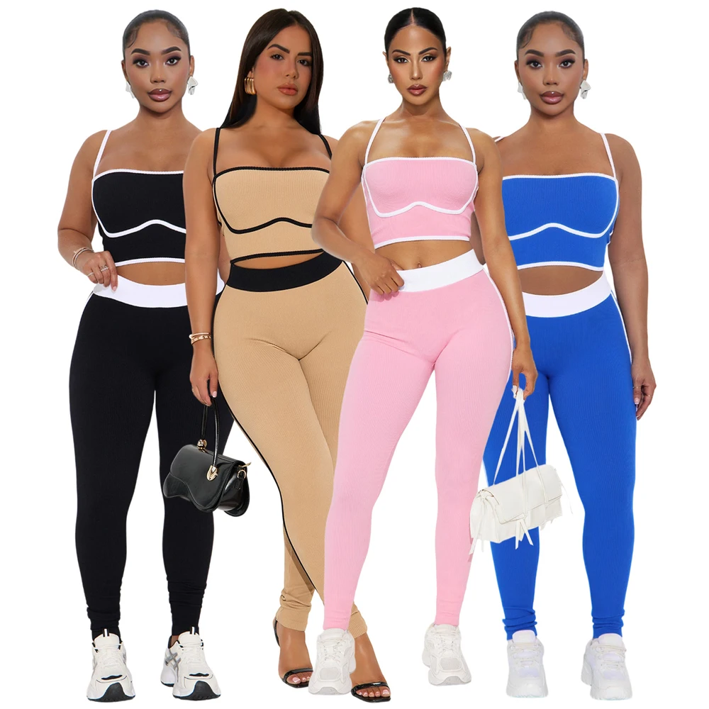

Stylish Ribbed Women Sports Clothing Summer New Street Wear Striped Crop Top & Legging Suit 2 Piece Casual Slim Active Pant Set