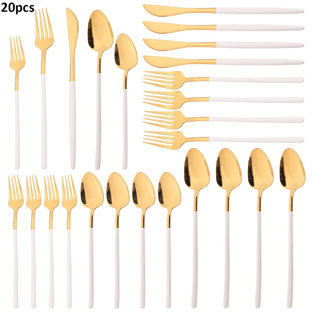 

20 шт., набор столовых приборов из белого золота, нож, десертная вилка, ложки, набор столовой посуды, зеркало, столовые приборы из нержавеющей стали, свадебная кухонная посуда