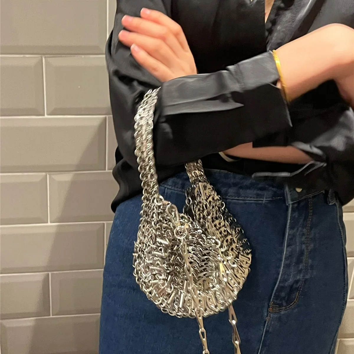 Metallic Sheet Purses and Handbags Handmade Sequined Shoulder Bag Hollow Ring Crossbody Bags for Women Half Moon Hobo Tote Purse