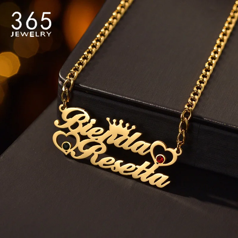 

365 Customized Name Necklaces Double Names Hearts Stainless Steel Thick Chain With Birthstones Nameplate For Women Girls Jewelry