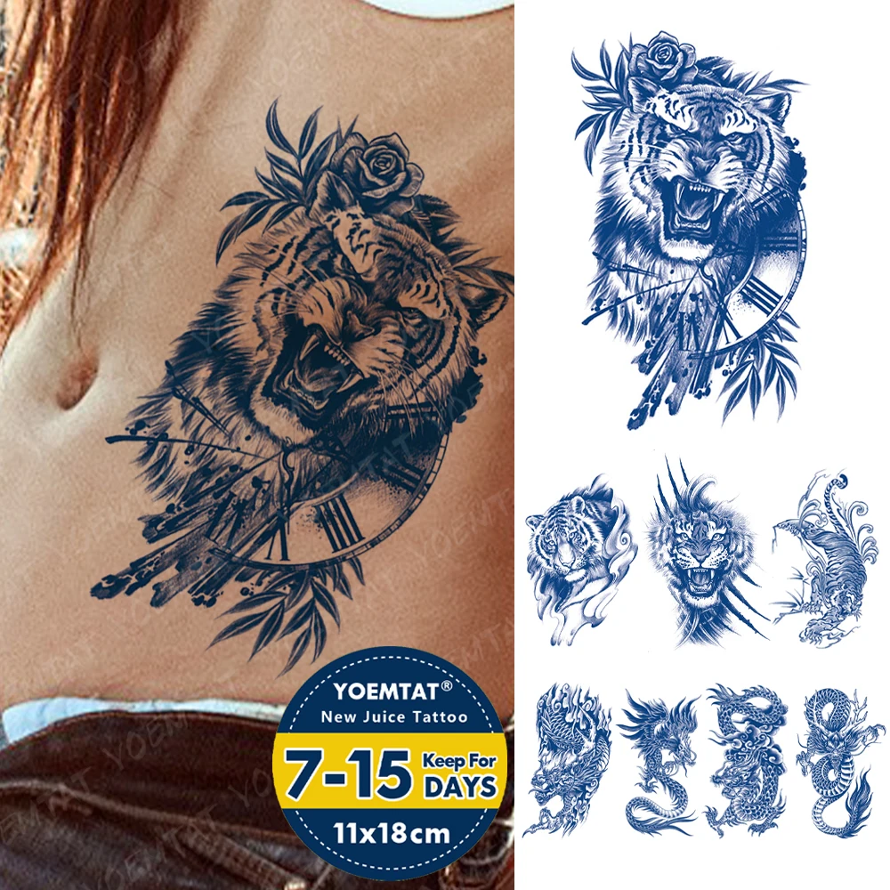 Juice Ink Lasting Waterproof Temporary Tattoo Sticker Bamboo Forest Tiger Clock Rose Genipin Herbal Body Art Fake Tato Men Women