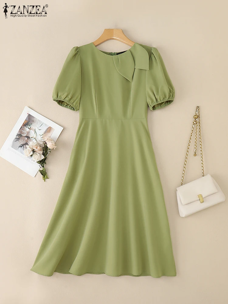 2025 été bureau travail robe ZANZEA femmes élégantes une ligne robes à manches courtes bouffantes solide fête robes élégant Midi robe d'été