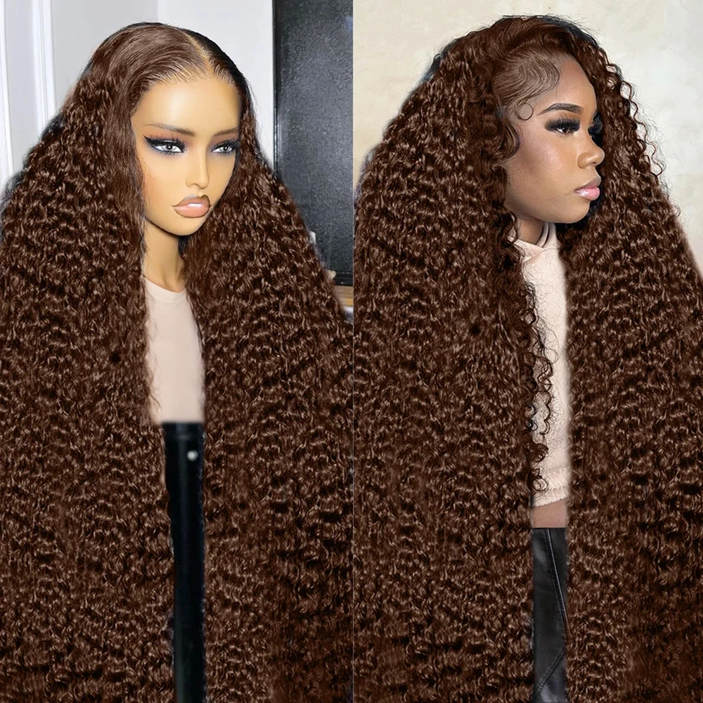 

30 34 Inch Chocolate Brown Deep Wave Lace Front human Hair Wigs Transparent 13x4 13x6 HD Kinky Curly Glueless Lace Frontal Wigs