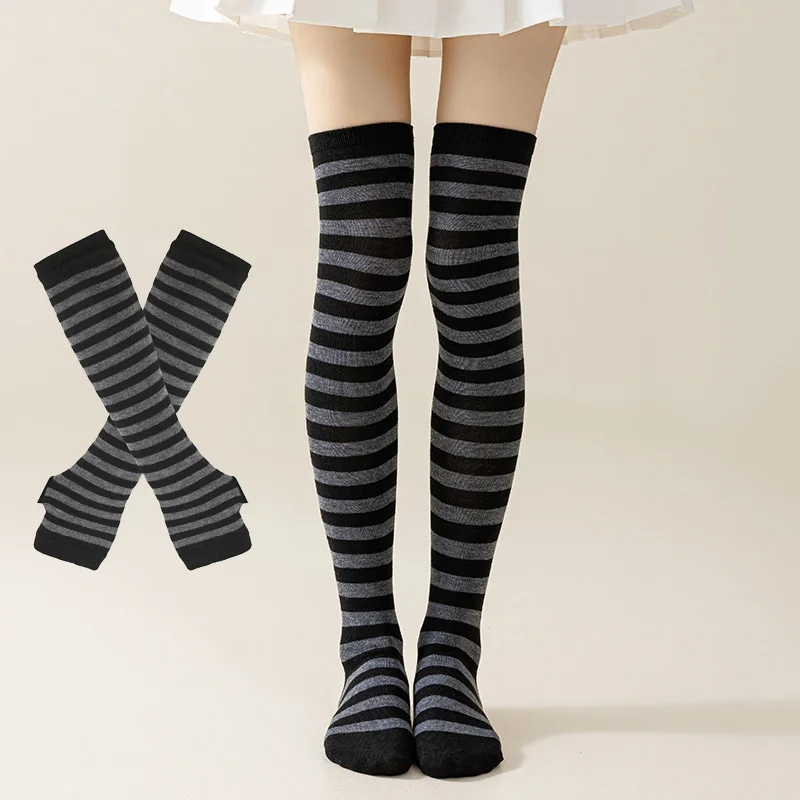 1Set Striped Overknee Socks Arm Sleeve Gloves Warm Thigh High Stockings Long Arm Sleeve Knee High Socks Set Y2k Cosplay Costume