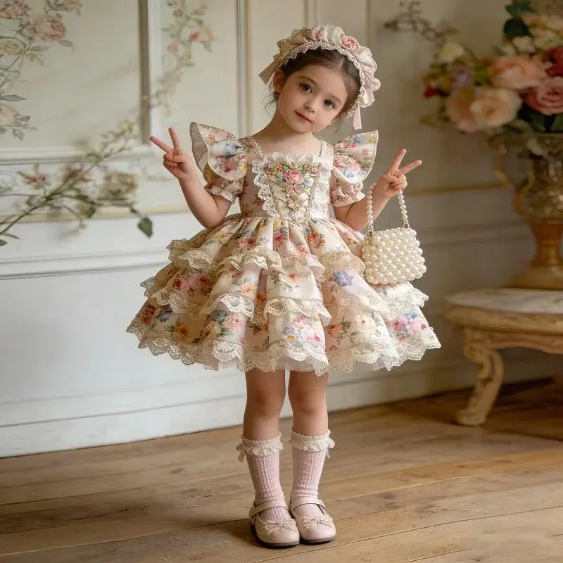 Kids Girl Lolita Princess Dress New Ruffle Sleeveless Collection Lace Children Girls Elegant Birthday Festival Layered Dresses
