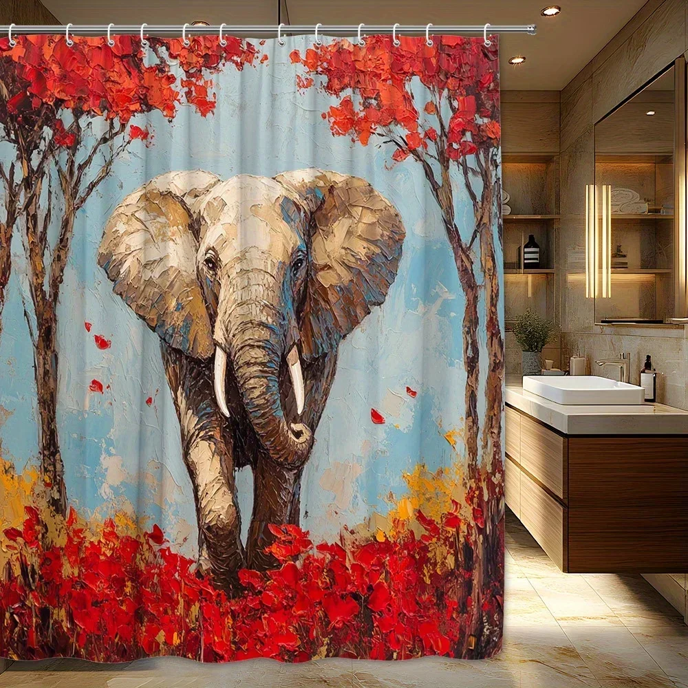 1pc Majestic Elephant Shower Curtain - Impressionistic Textured Painting with Fiery Red Foliage & Soft Blue Sky, Polyester Fabri