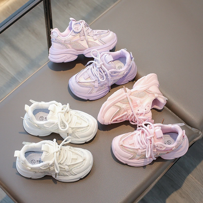 Zapatos deportivos para niña, para niña Zapatillas de deporte, calzado de ocio de cuero con diamantes de agua, suela suave para correr, primavera y otoño, 2024