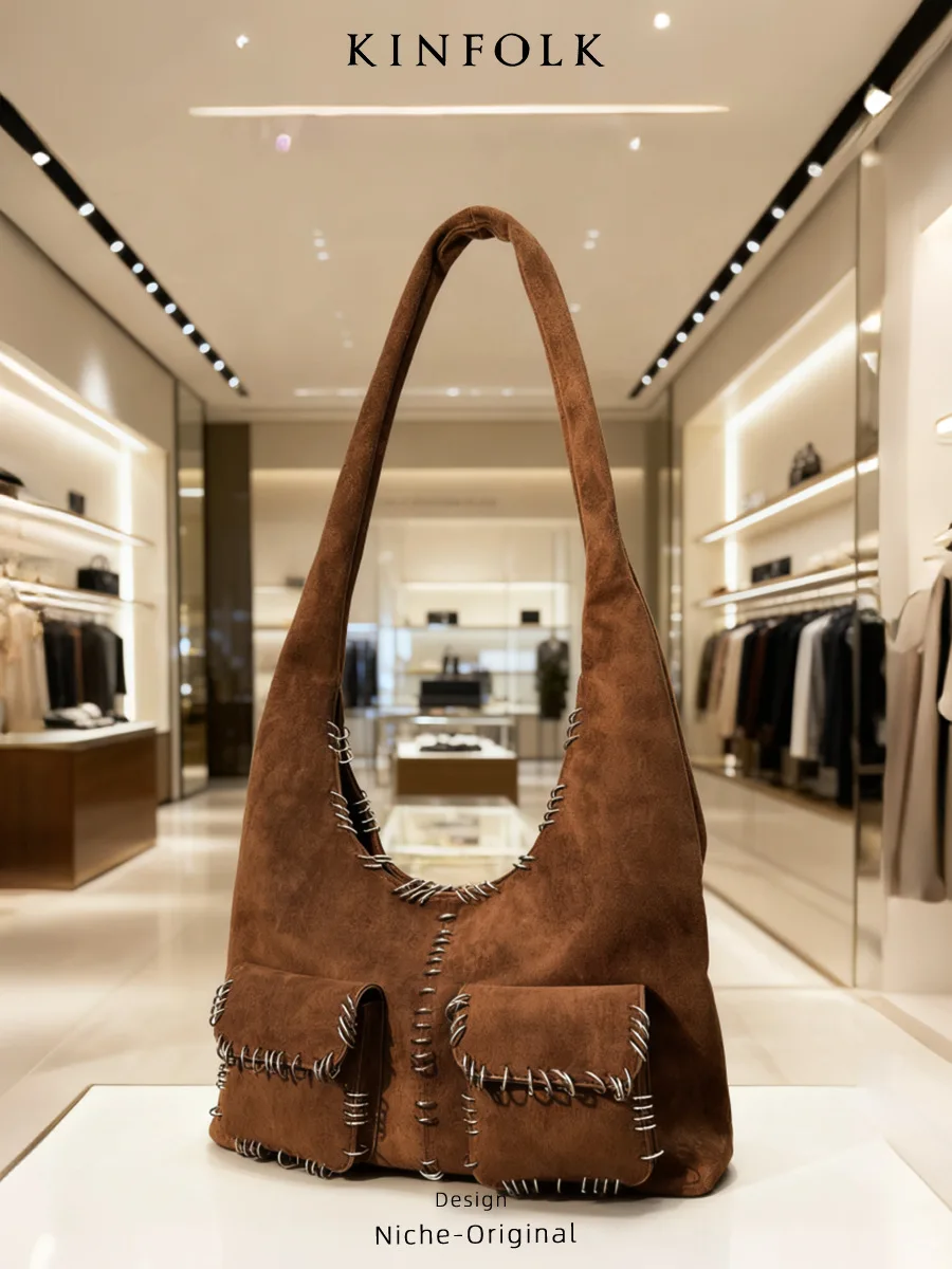 

Нишевый дизайн, женская замшевая сумка с металлическим кольцом, украшение на плечо, сумка для взрослых, сумка для подмышек, большая вместительная дорожная сумка-тоут, сумка