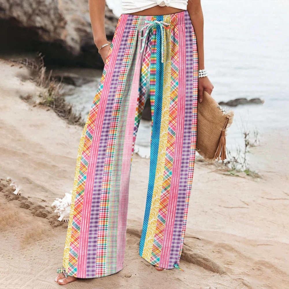 

Beach-Ready Style Vibrant Multi-Colored Striped Plaid Women's Wide Leg Casual Pants Modaling Stylish Colorful Wide-Leg Trousers