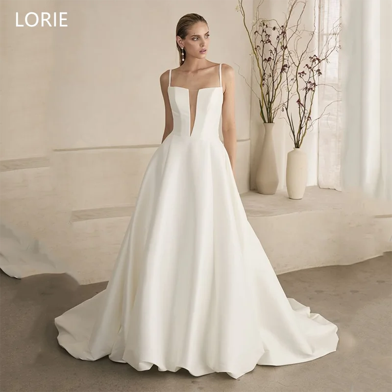 LORIE Satin A-Line Wedding Dress Deep V-Neck Exquisite Spaghetti Strap Draped Bridal Gown Floor-Length Bride Gowns Customized