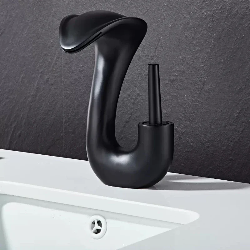 

Black Bathroom Faucet Brass Gold Basin Faucet Cold And Hot White Waterfall Mixer Sink Tap Single Handle Deck Mounted Tap