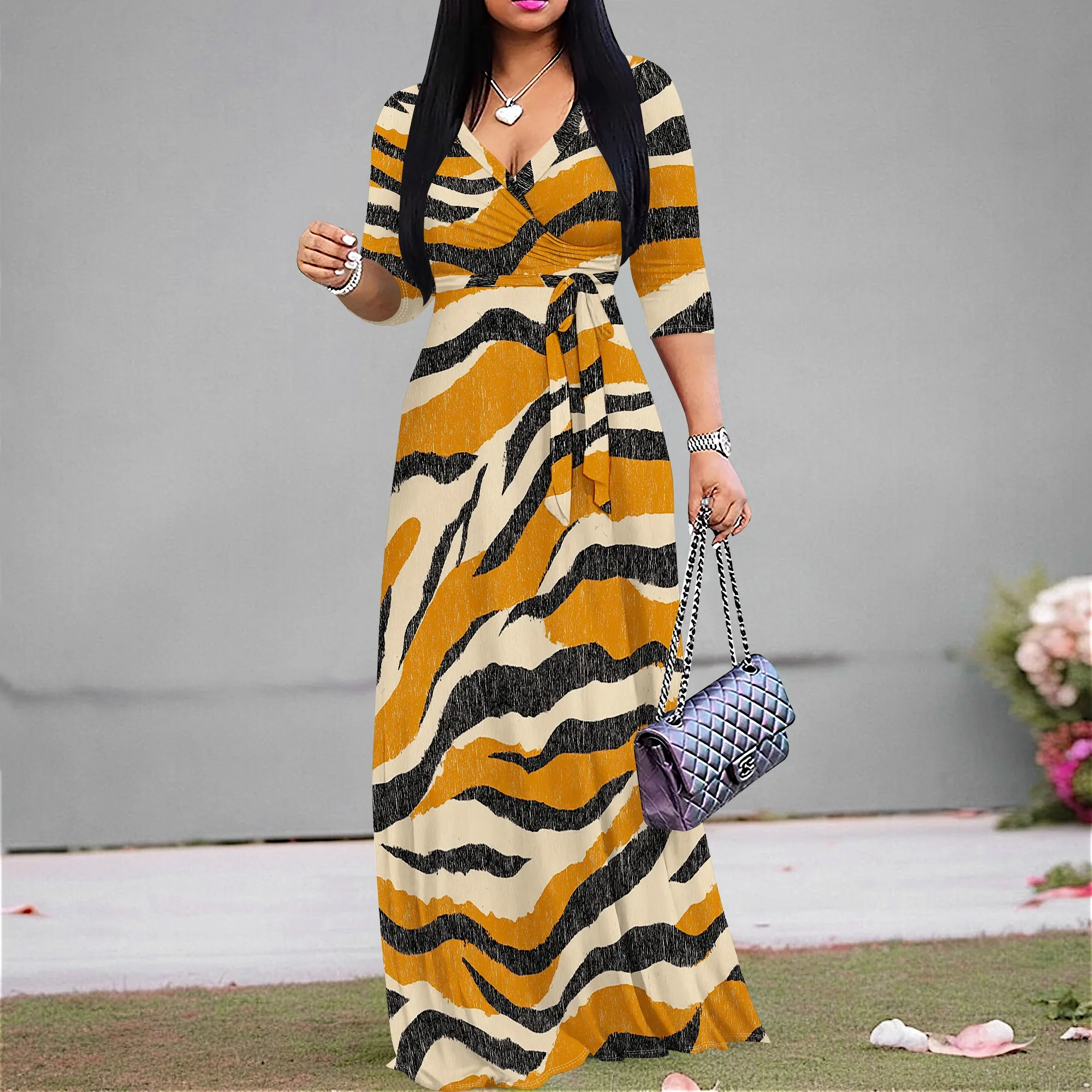

Tiger Stripe Women's Maxi Dress 2025 New Arrival V-Neck 3/4 Sleeve Animal Print Dress S-3XL