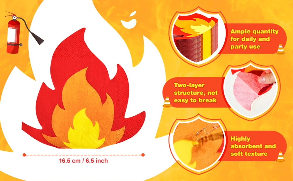 16/32 Stück Feuerservietten, flammenförmige Servietten für Feuerwehrmann-Thema, Feuerwehrauto, Geburtstag, Feuerwehrmann, Pfingsten, Party, Einwegzubehör – Detail 7