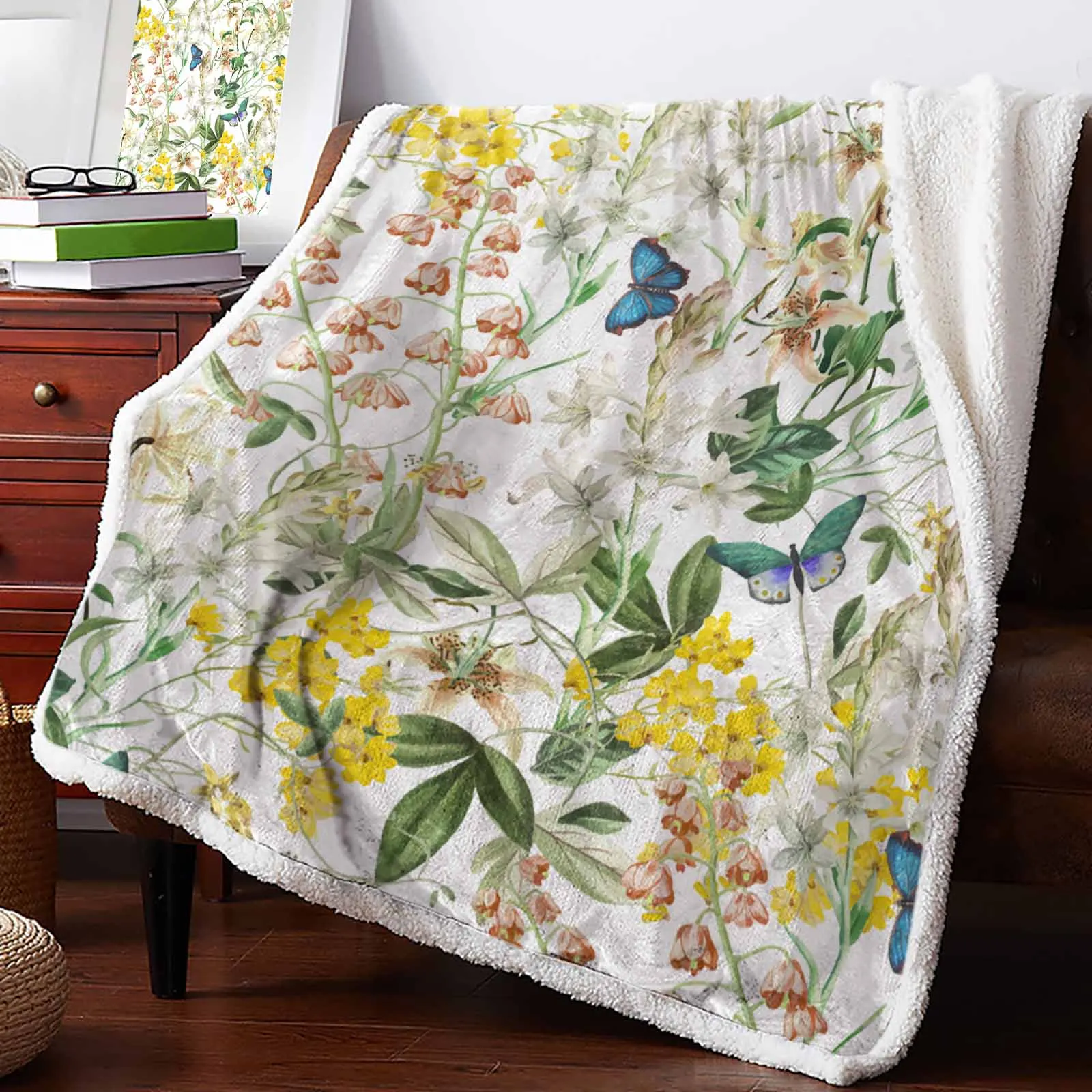 Plant Flowers Leaves Butterfly Cashmere Blanket Warm Winter Soft Throw Blankets for Beds Sofa Wool Blanket Bedspread