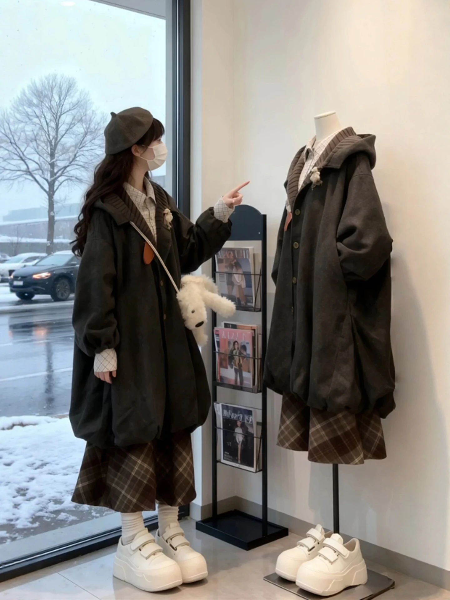 

Зимний модный комплект из шерстяного пальто и юбки больших размеров для женщин, комплект из двух предметов, с длинными рукавами, в ретро-стиле, юбка с высокой талией