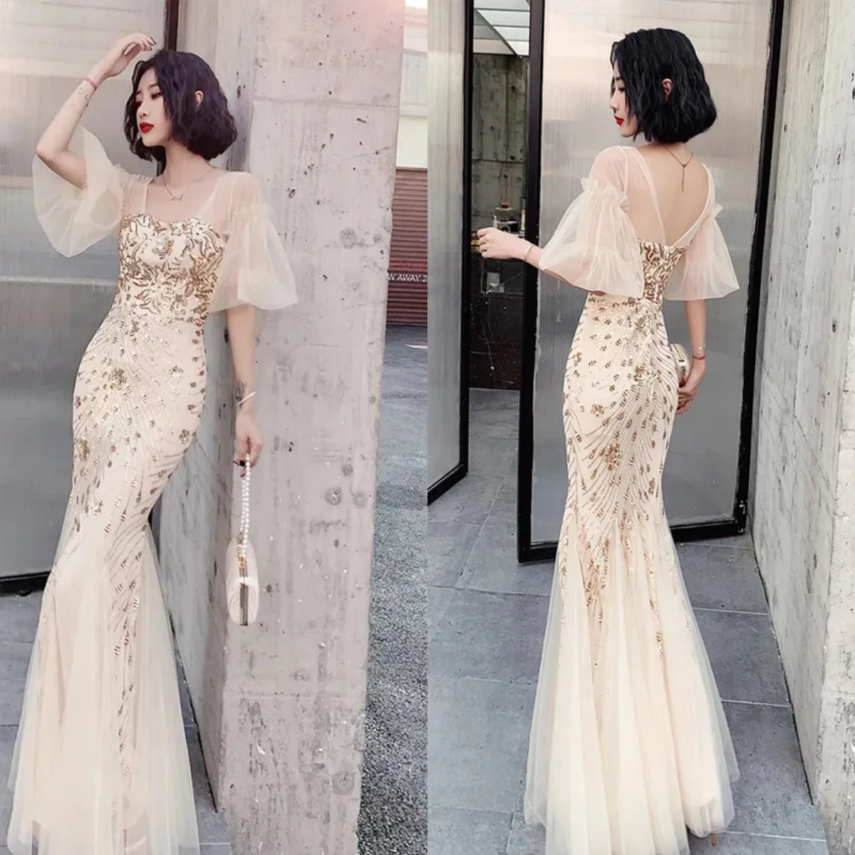 

Evening Dresses Mermaid Champagne Sequins Short Sleeve Floor Length Plus Size robe de soiree Women Party Formal Gowns LF042