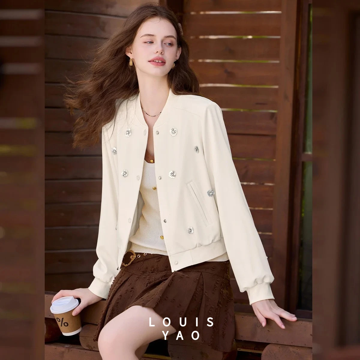 LOUISYAO Casual Sequined Baseball Jacket Women 2025 Autumn Trendy Collar Cardigan Coat Chic Streetwear Outerwear