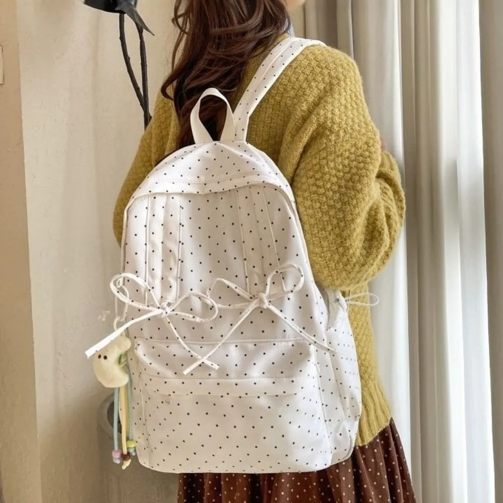 Fashion Sweet Polka Dot Backpack Bow Design Large Capacity Minimalist Rucksack Lightweight Durable Student School Bag Travel Use
