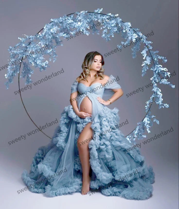 Sky Blue Maternity Dresses for Photo Shoot Women Plus Size Prom Dress Tulle Ruffles Sweetheart Pregnancy Gowns vestido de novia