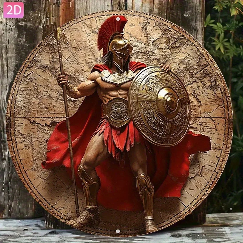 2D Vintage Metal Sign, Round Roman Warrior Laurel Wreath Wall Art, Aluminum Plaque for Garden Patio Bar Kitchen Indoor Outdoor D