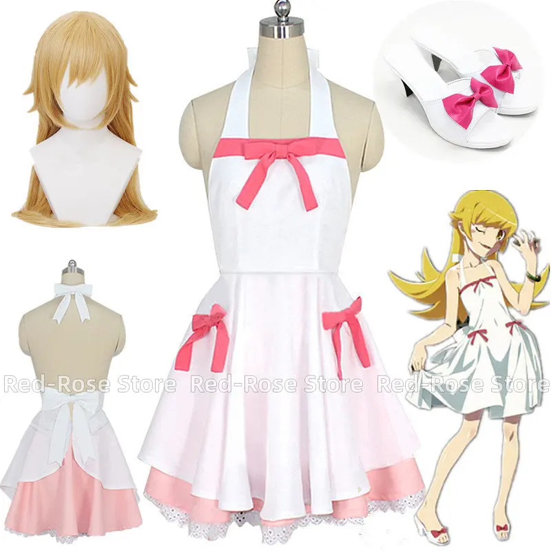 Anime Bakemonogatari Costume Oshino Shinobu cosplay costume Cartoon Woman Lolita White Pink Dress Halloween Cosplay Costume