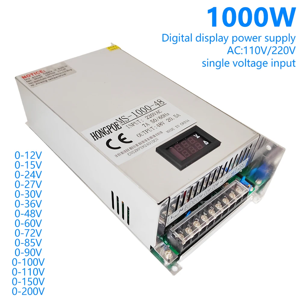 Fonte de Alimentação de Display Digital Ajustável 1000w 012v 15v 24v 30v 36v 48v 72v 85v 90v Smps cc 110v 150v 200v