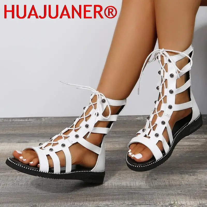 HUAJUANER Fashion Cross Strap Summer Boots Women 2024 Open Toe Hollow Out Gladiator Shoes Woman Back Zipper Cool Boots Ladies