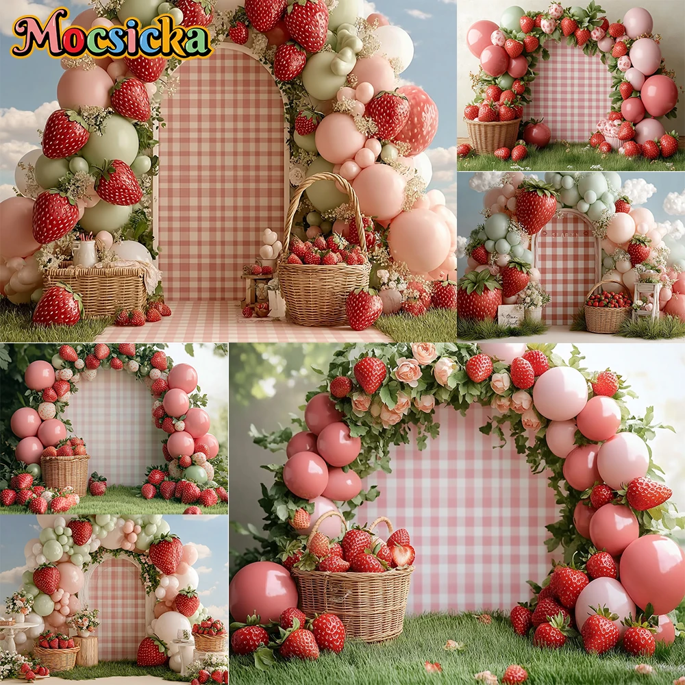 Mocsicka Summer Photography Backdrop Pink Balloon Strawberry Decoration Baby Shower Newborn Party Backgrounds For Photographs