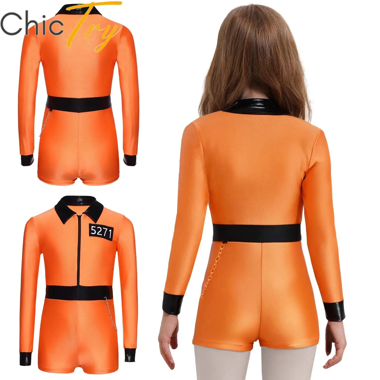 

Kids Girls Prisoner Costume Convict Cosplay Roleplay Romper Long Sleeve Shorts Jumpsuit for Halloween Themed Parties Dress Up