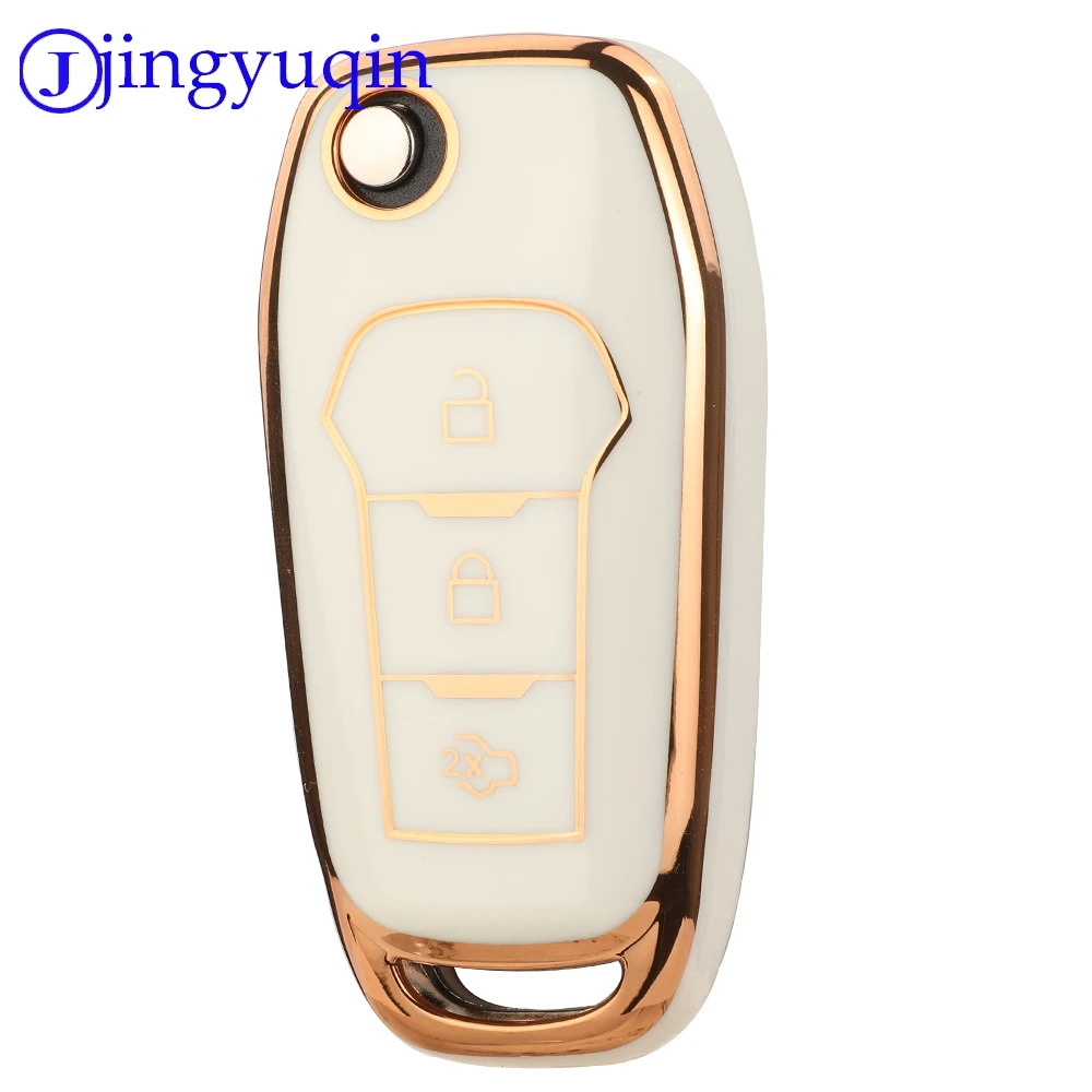 Jingyuqin TPU-Auto-Fernbedienungsschlüssel-Schutzhülle für Ford 3-Tasten, glänzende Oberfläche, Goldrand, schwarz, weiß, grau, sicher, langlebig