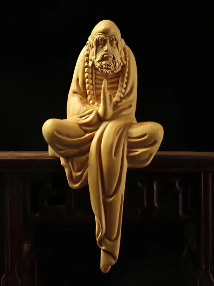 Wooden meditation small statue of Bodhidharma ancestor  Solid wood carving  Modern art sculpture  Home decoration figurines