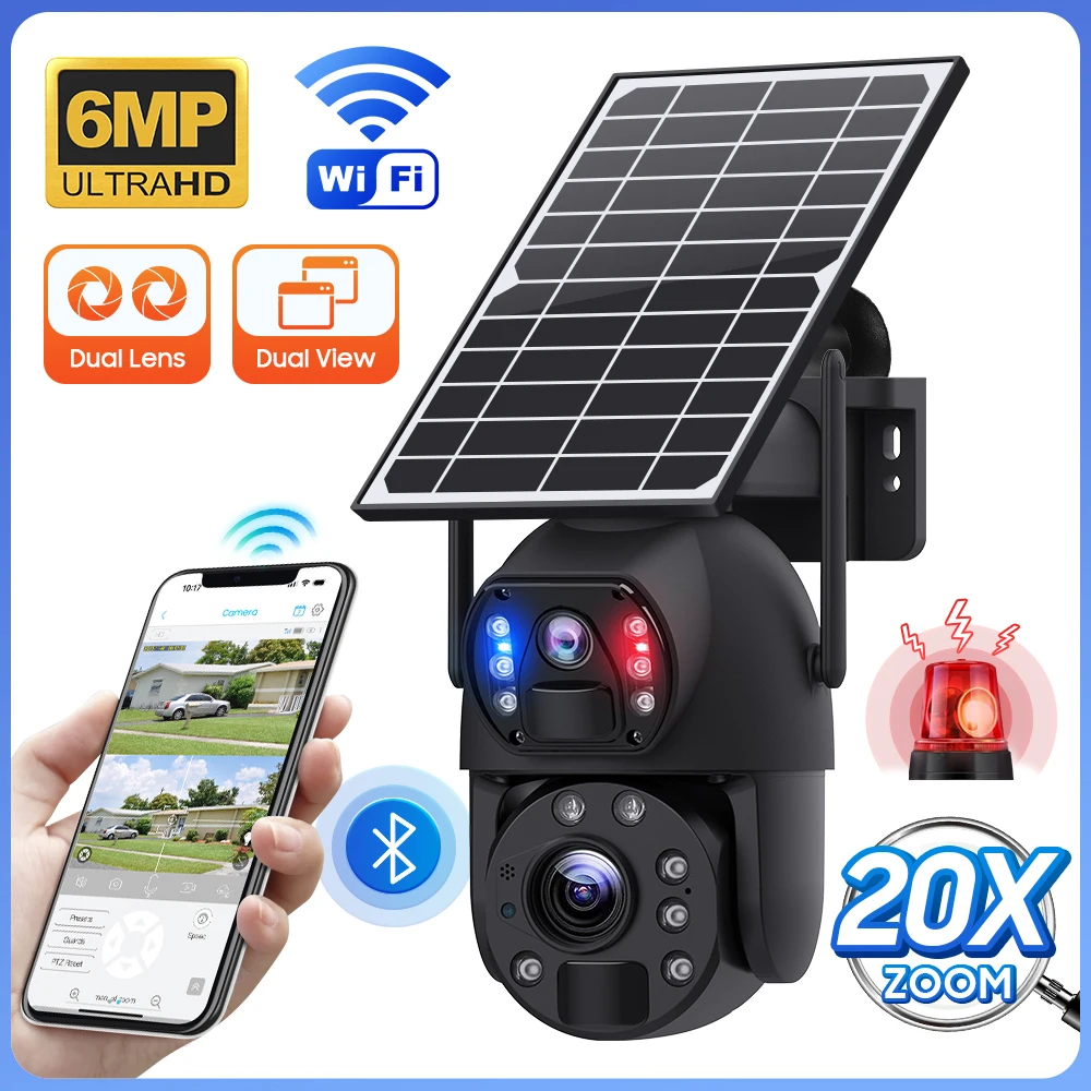 WIFI 20X Optical Zoom Solar PTZ Camera Outdoor 6MP Dual lens Auto Tracking Color Night Vision Wifi Solar CCTV Camera