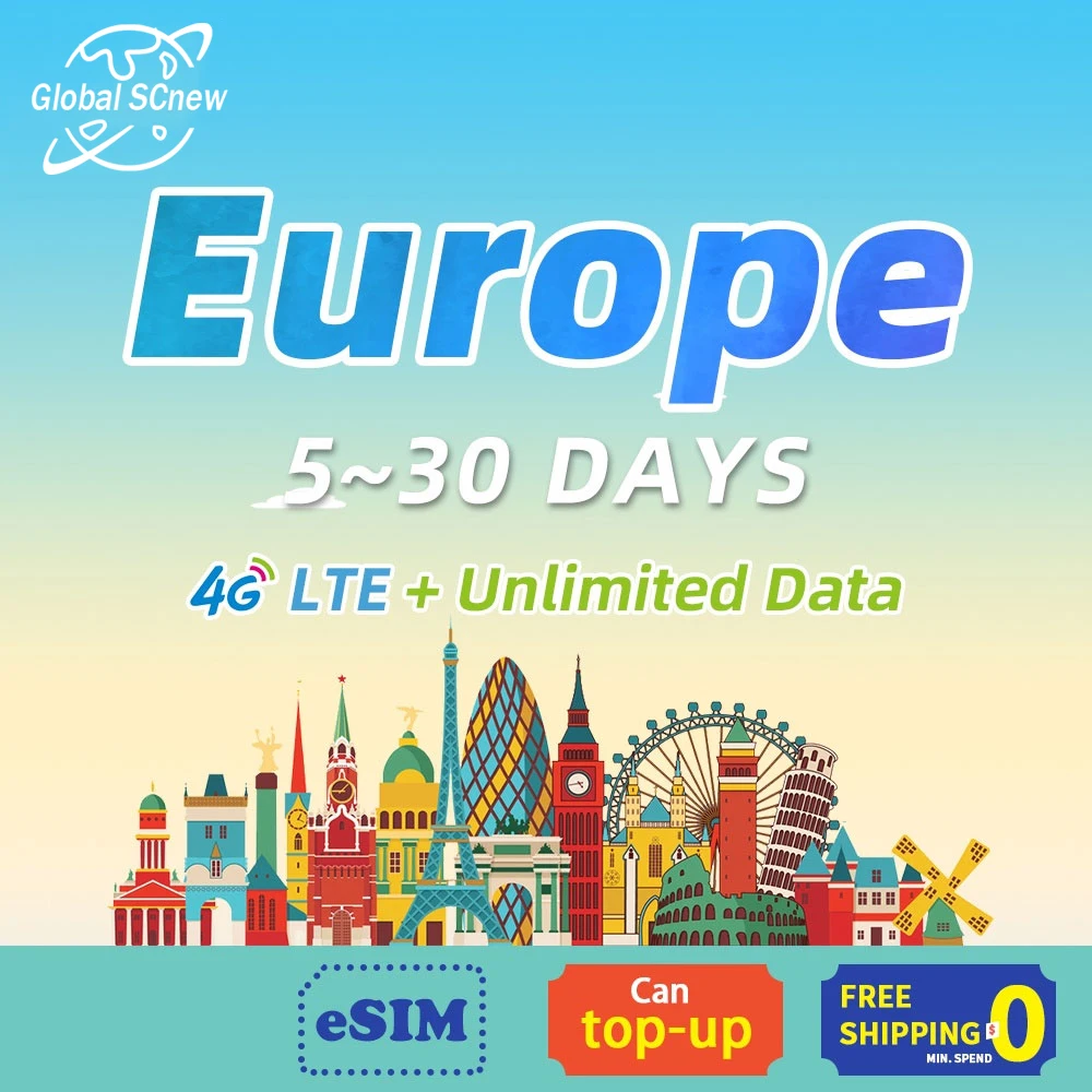 Europe & UK Prepaid SIM Card France Paris Unlimited Data High Speed 4G Data eSIM / No Registration Required