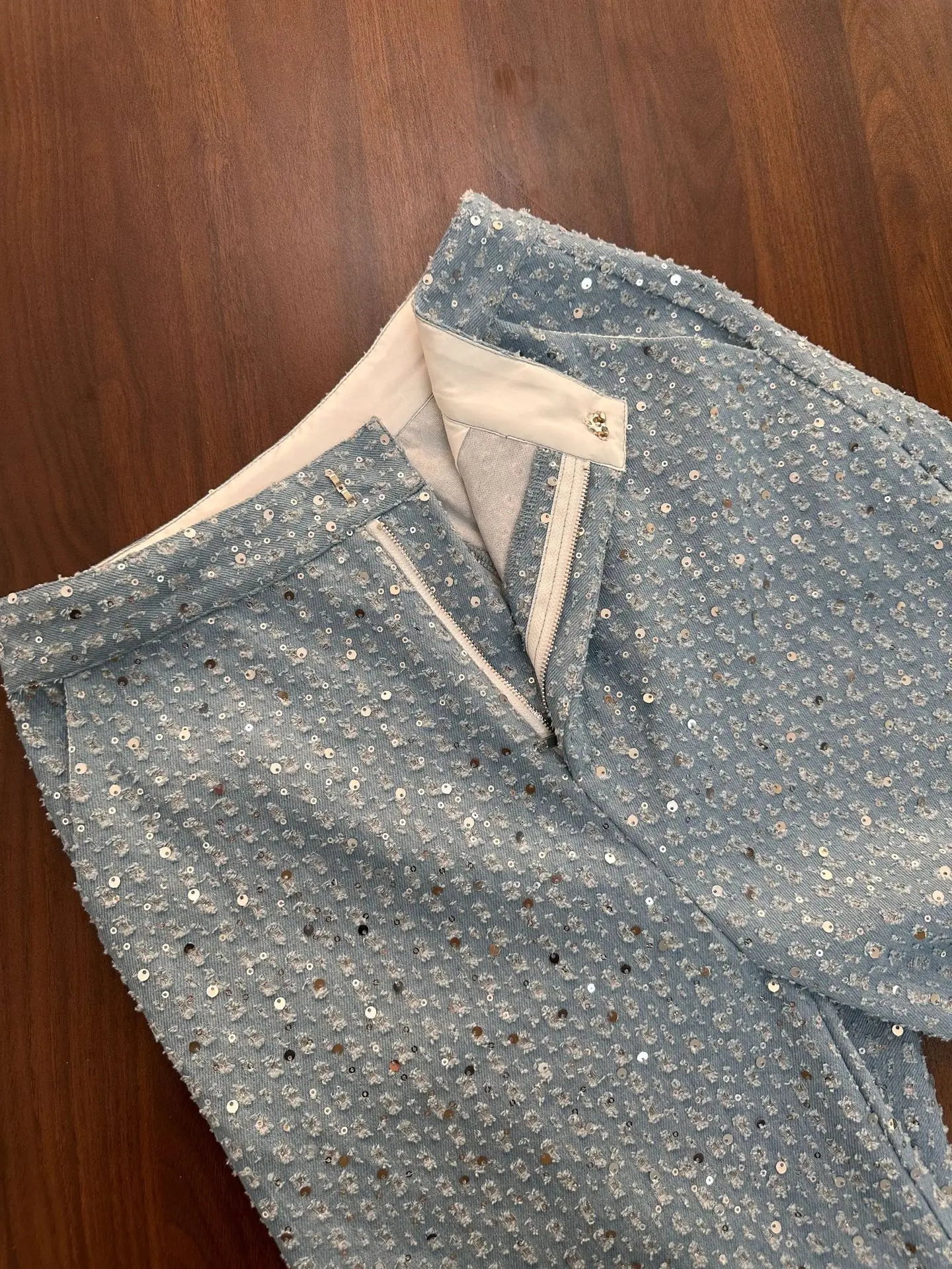 Mode Pailletten Denim Set Frauen Liebsten Tunika Taille Crop Top und Breite Bein Hosenanzug 2024 Neue 2-teilige Sets Outfits Trainingsanzug – Detail 8