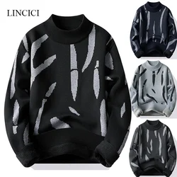 2024 M-4XL Autumn/Winter New Men's Sweater Half High Collar Zebra Pattern Color Blocked Velvet Knitted Sweater Warm Hoodie Top