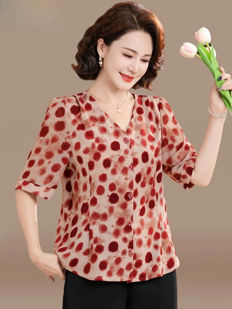 

Модный летний комплект для мамы: женский костюм-двойка из полиэстера с V-образным вырезом, свободного кроя, для женщин 40 лет