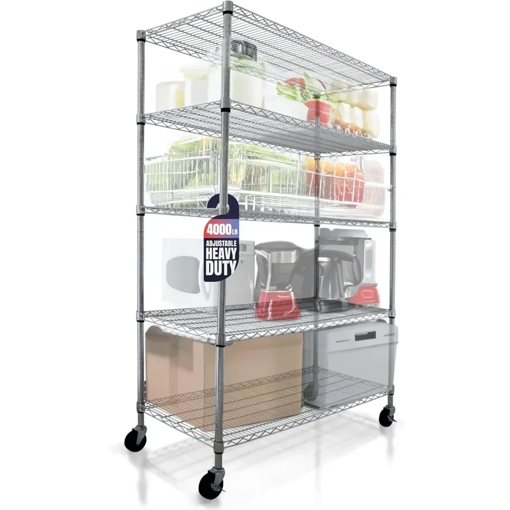 48 x 24 x 76, 4000 LBS, Commercial Metal Shelves for Storage with Wheels for Garage Shelving, 5 Tier Wire Shelving Rack for Kitc