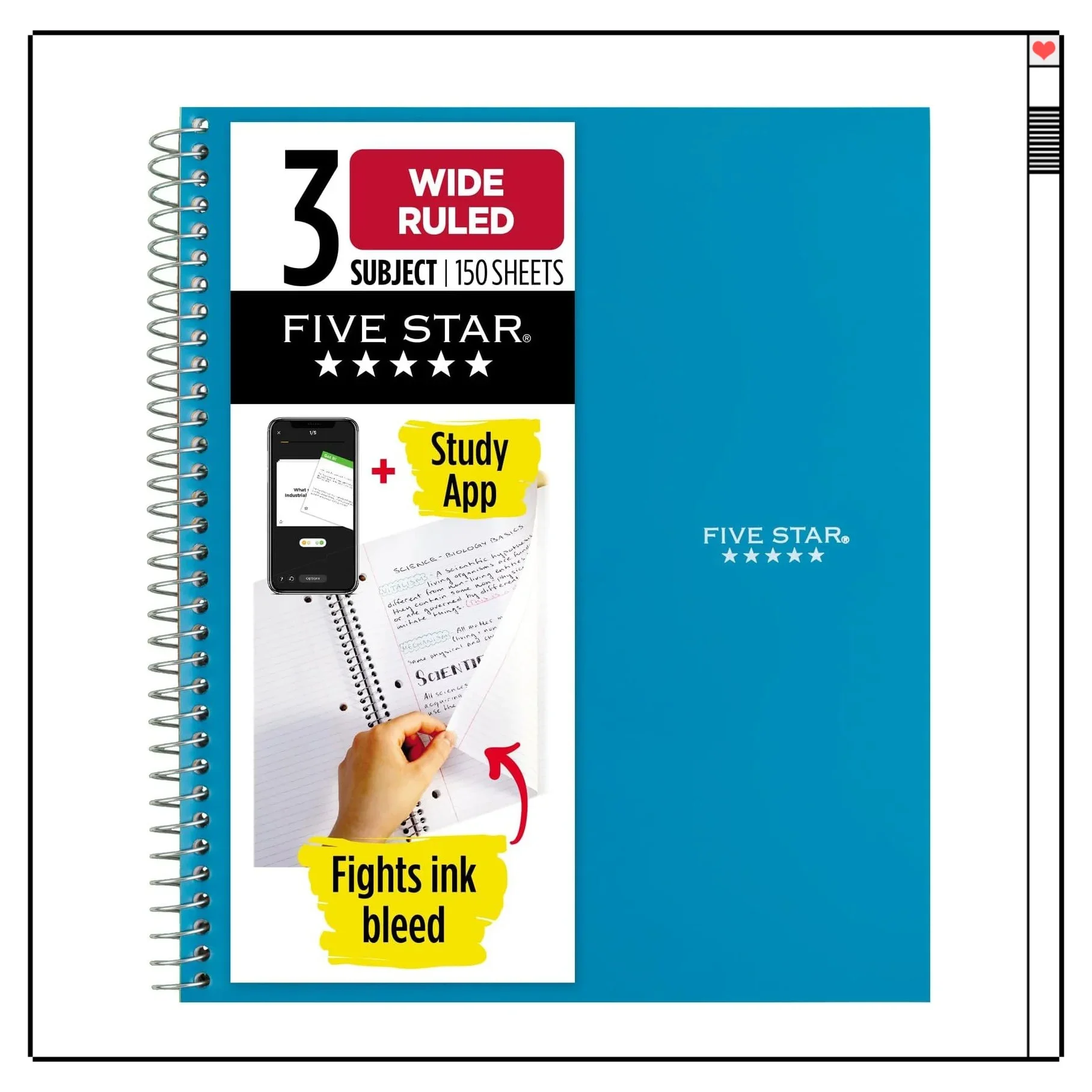 Tidewater Blue 3 Subject، ورق مسطر واسع، 8 بوصة × 10-1/2 بوصة، 150 ورقة، تنزف الحبر المطلق، غطاء مقاوم للماء