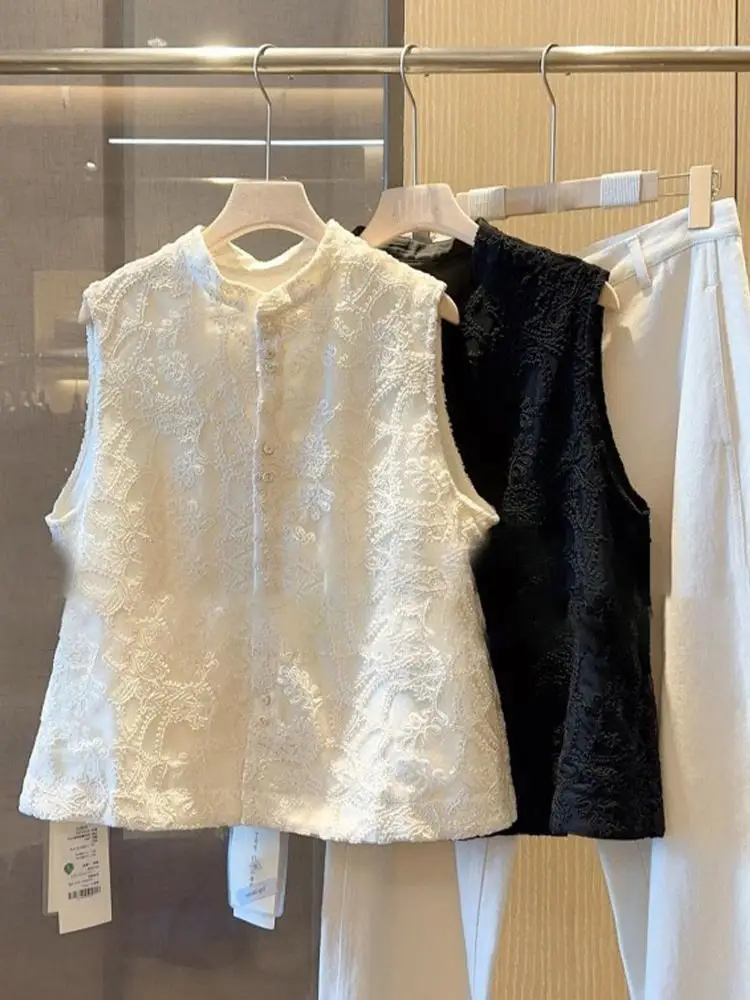 

Black Embroidery Vest Women Chaleco Mujer Korean Top Waistcoat Lady Ropa Lace Shirts Spring New Jacket