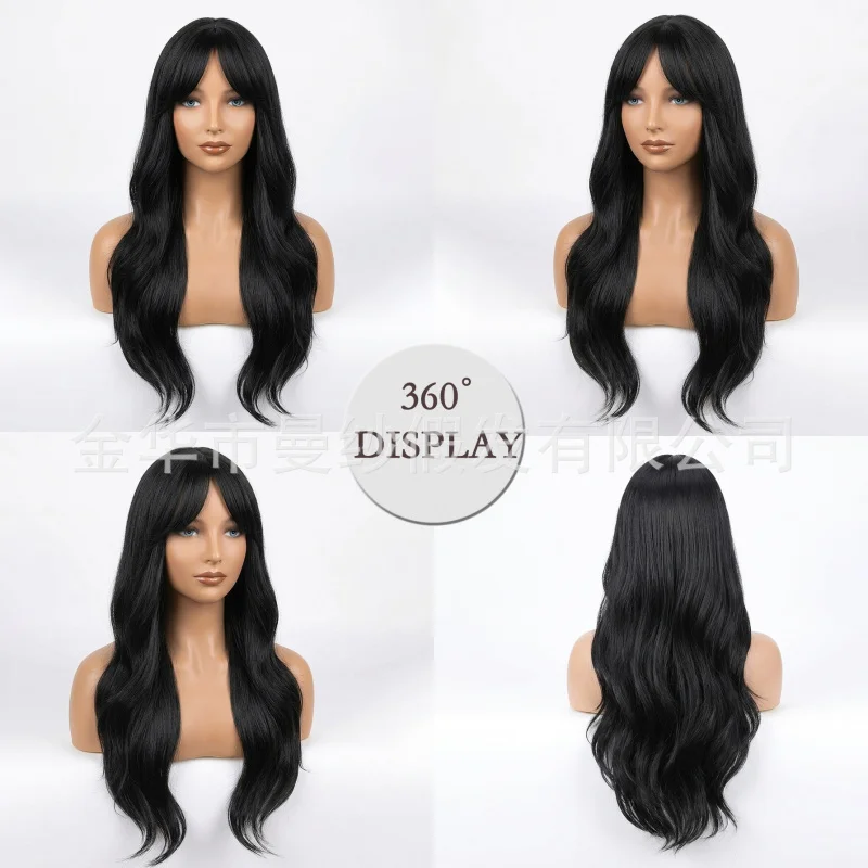 Black long curly women with bangs, large waves, matte silk, can be styled, suitable for daily use, full head wig