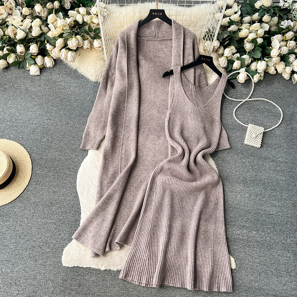 Croysier Loose Long Cardigan Coat And Midi Dress Two Piece Set For Women Autumn Winter Elegant Casual Knit New In Matching Sets