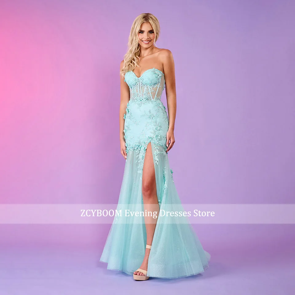 Personalizado encantador céu azul querida sereia vestidos de baile 2024 sexy alta fenda lateral rendas apliques cocktail festa vestido noite