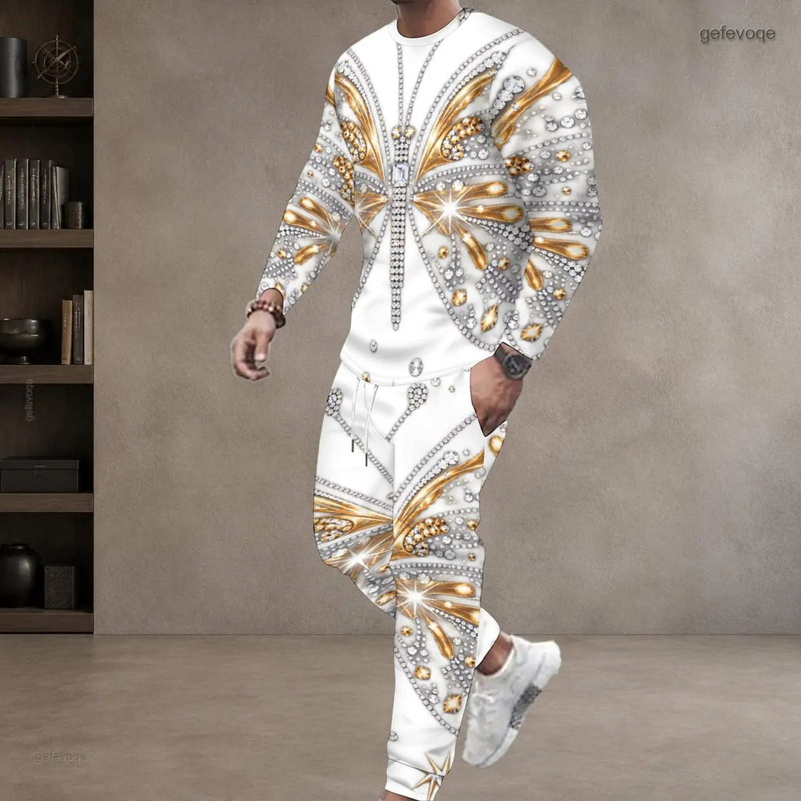 Men Printed Gold Silver Butterfly Gem Pattern Round Neck Long Sleeve Top And Cuffed Pants Two Piece Set