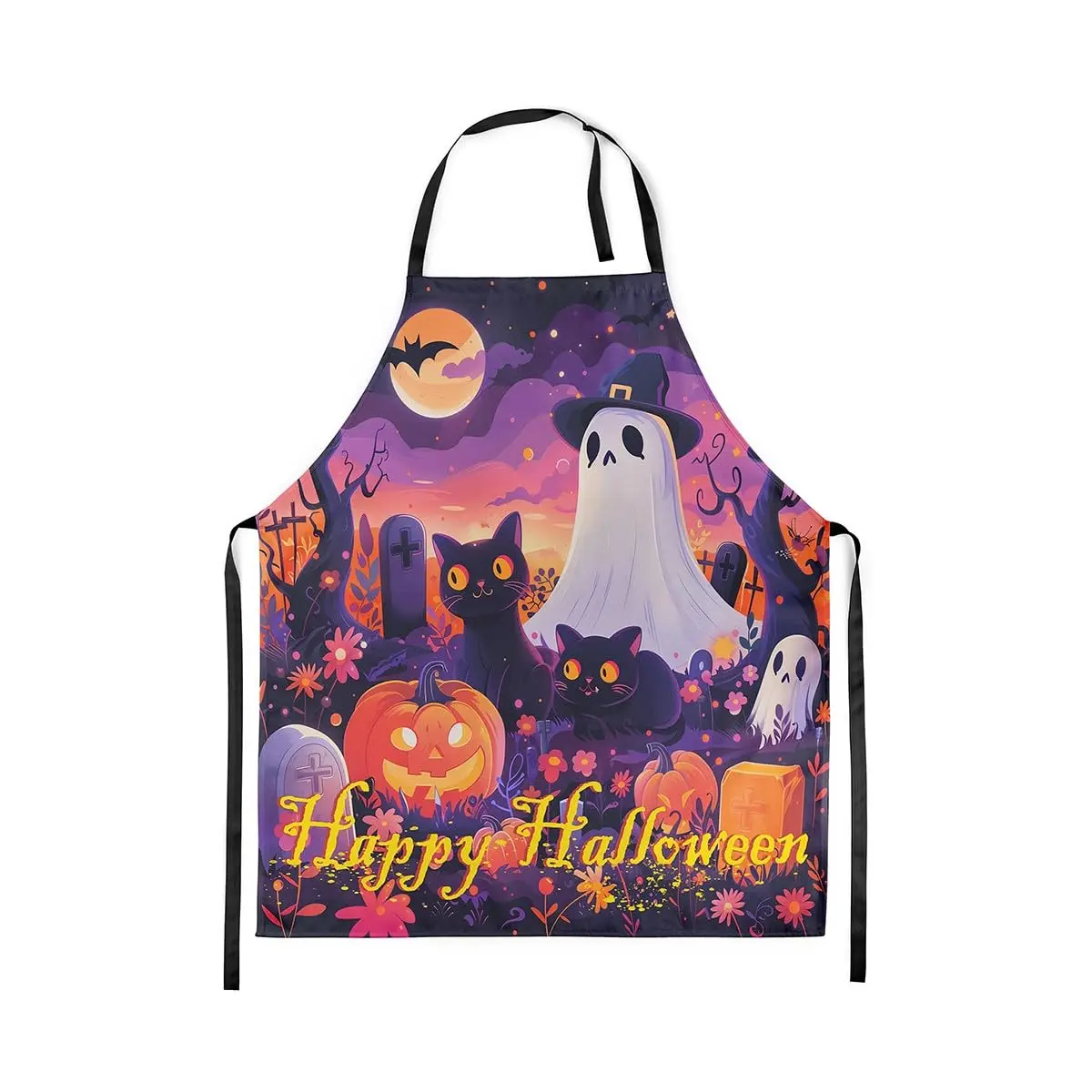 

Happy Halloween Kitchen Apron Cartoon Cat White Ghost Witch Hat Waterproof Apron for Adults Orange Pumpkin Sky Apron