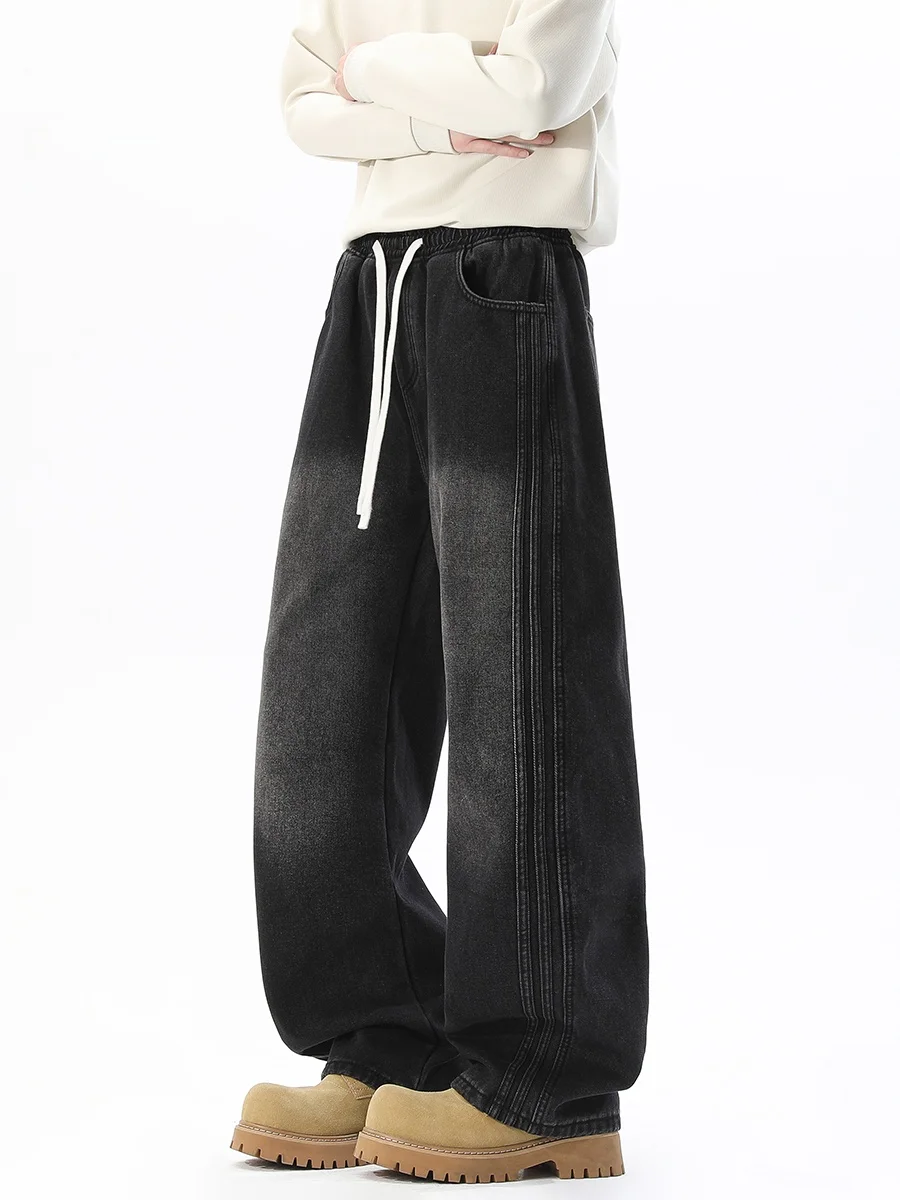 

American Stripe Straight Leg Men's Jeans Spring Waed Vintage Loose Wide Leg Pants Versatile High Street Vibe Long Trousers